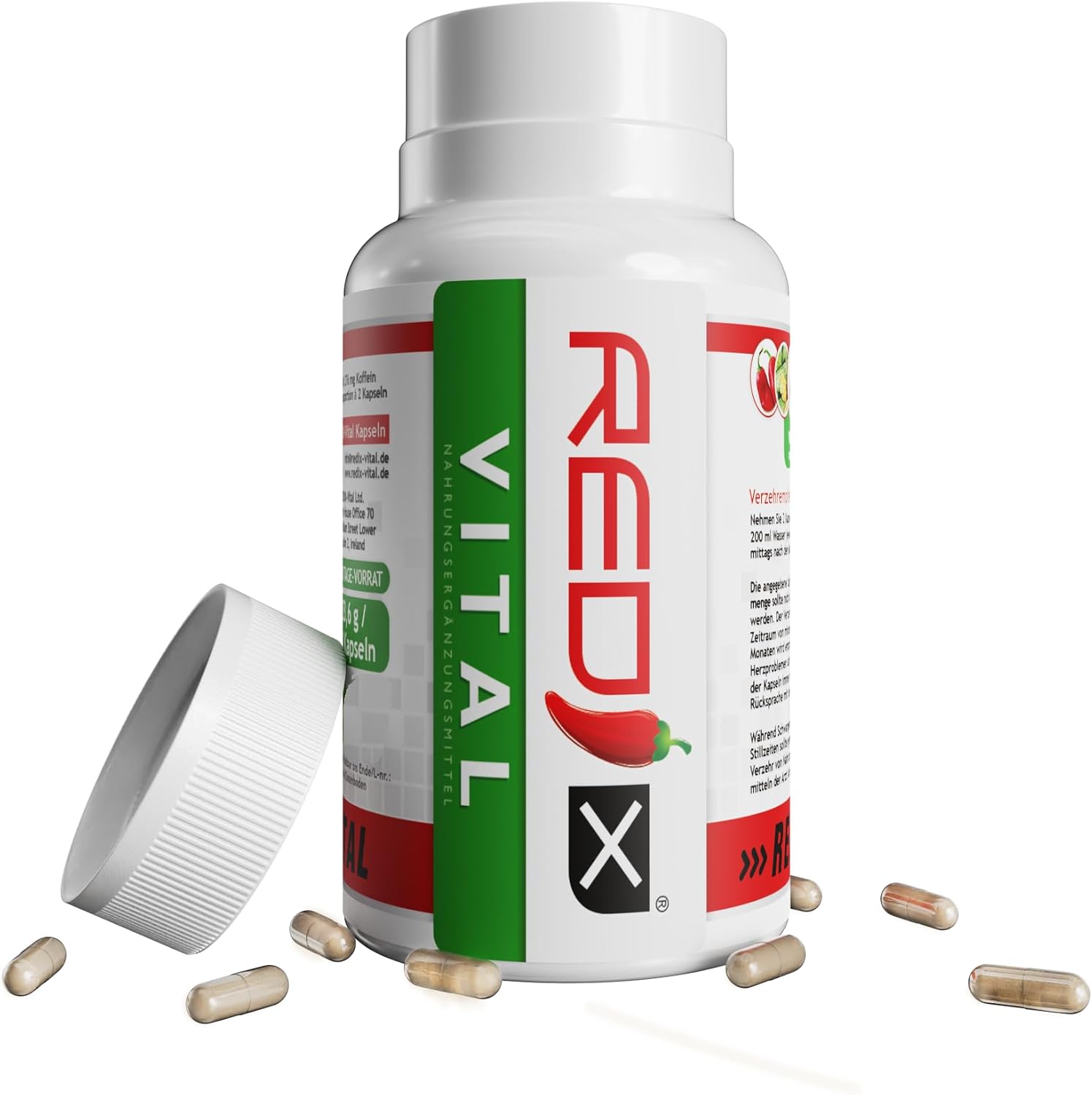 Redix Vital Nahrungsergänzungsmittel, weiße Kapseldose mit rotem Logo