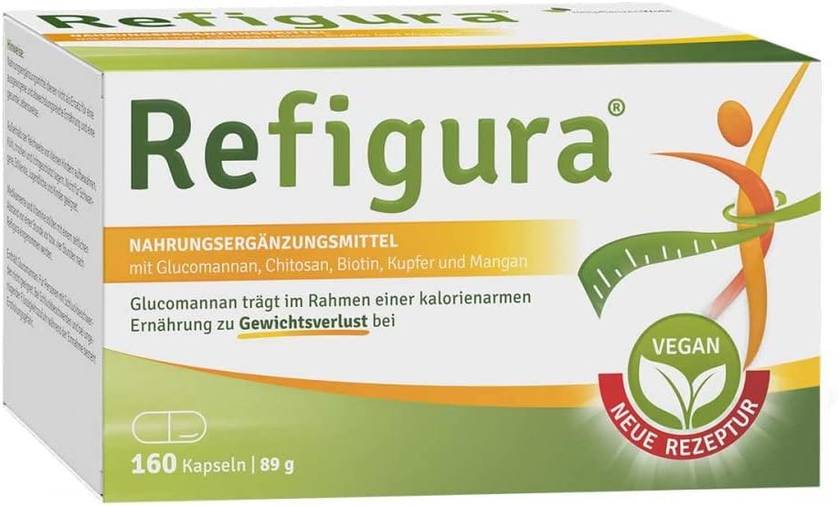 Refigura Nahrungsergänzungsmittel mit Glucomannan, grün-weiße Verpackung