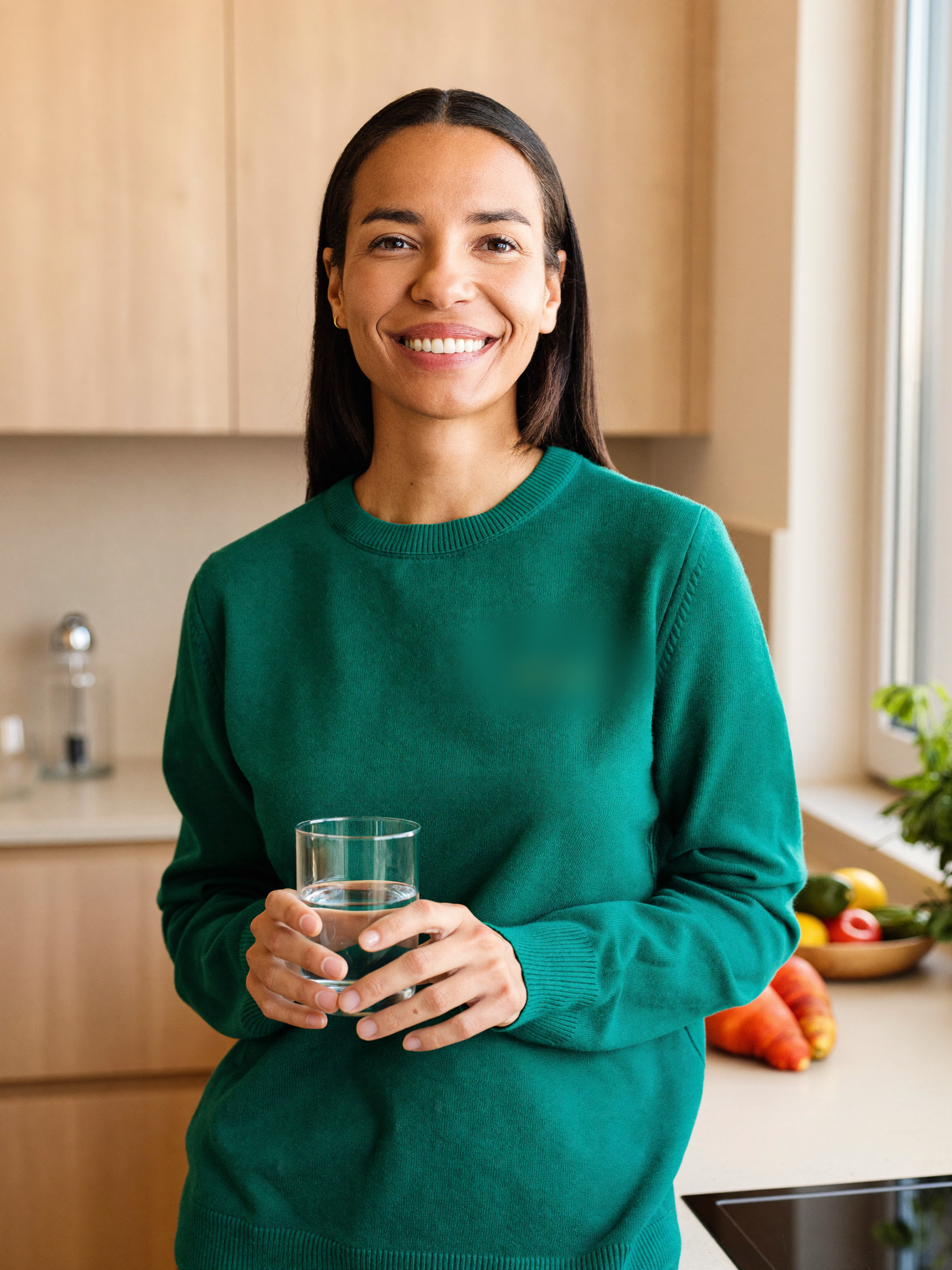 Frau in der Kueche mit einem Glas Wasser