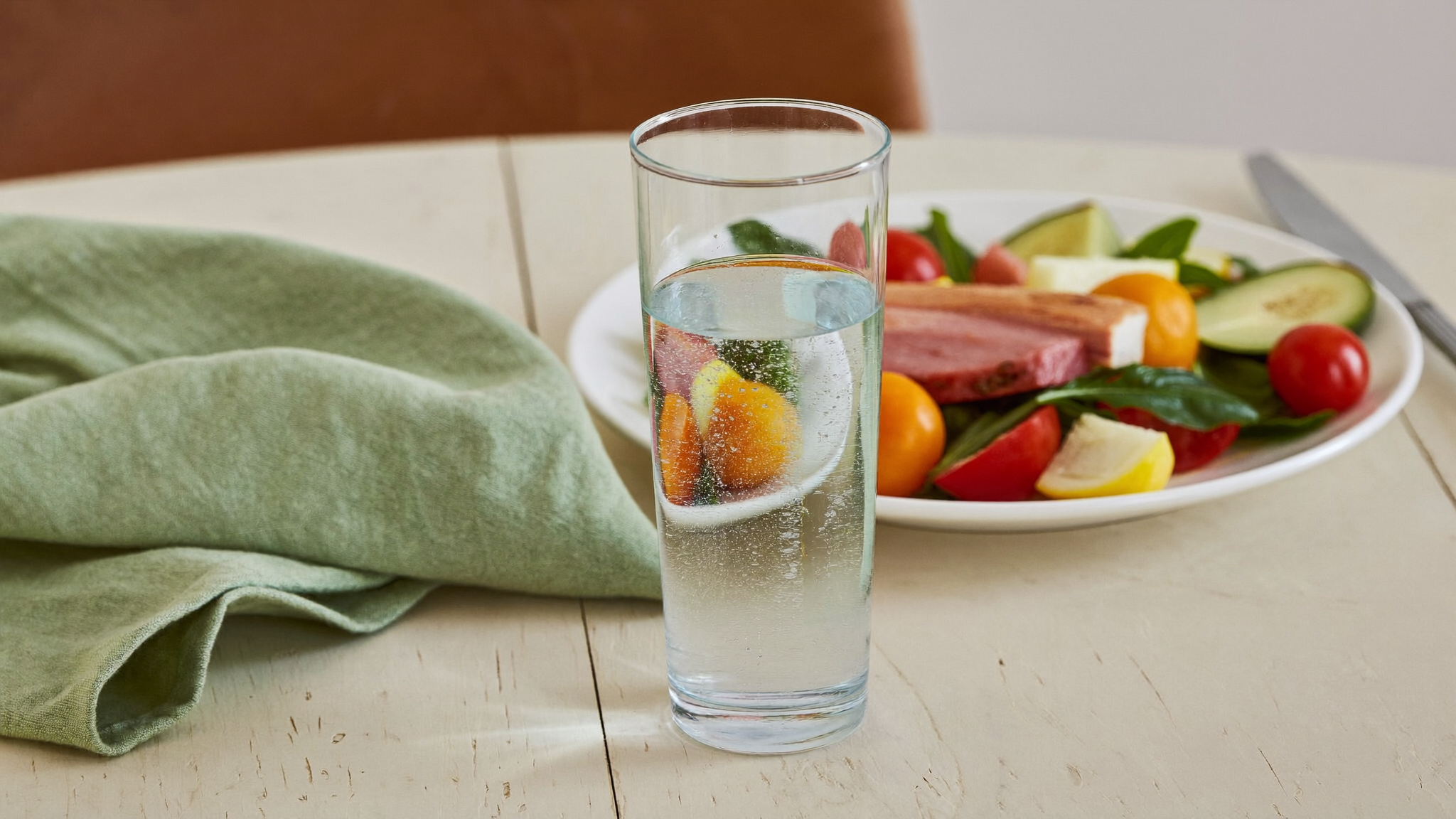 Glas Wasser vor einer Mahlzeit auf einem Tisch